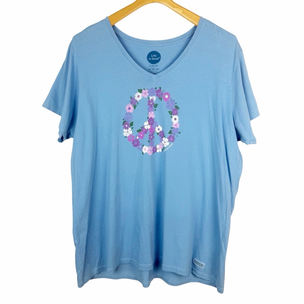 Life is Good Blue Crusher Tee T-Shirt Floral Peace Sign Size XXL